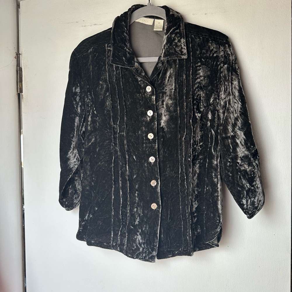 Black Crushed Velvet Button-Up Shirt